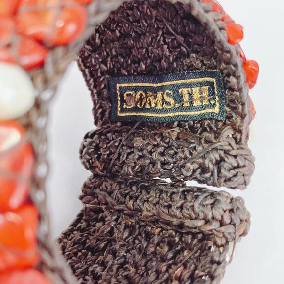 Signed SOMS TH Turquoise Coral Pearl Boho Artisan Woven Adjustable Cuff Bracelet - Picture 9 of 9